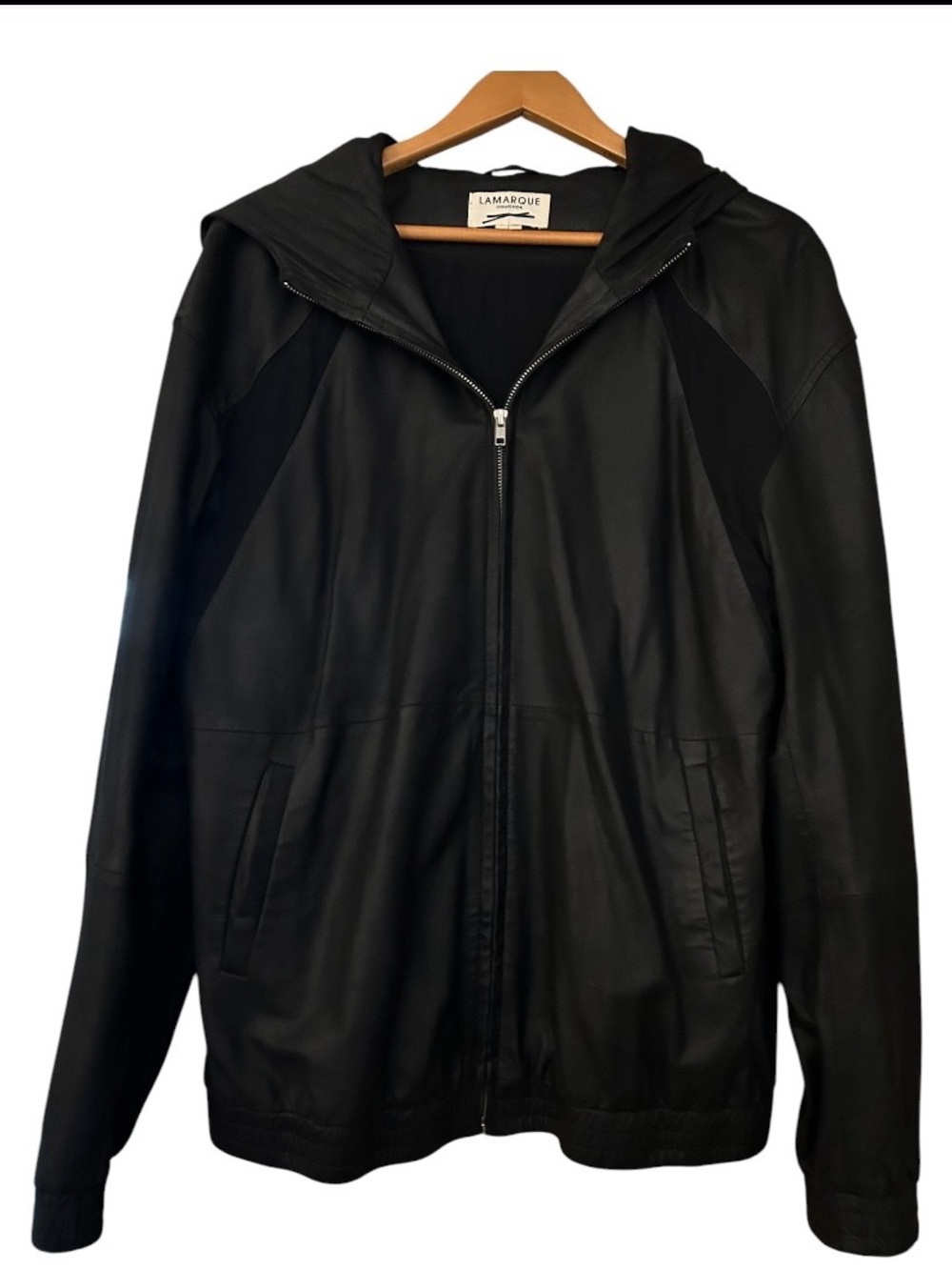 Lamarque Black Leather Hooded Zip-Up Jacket